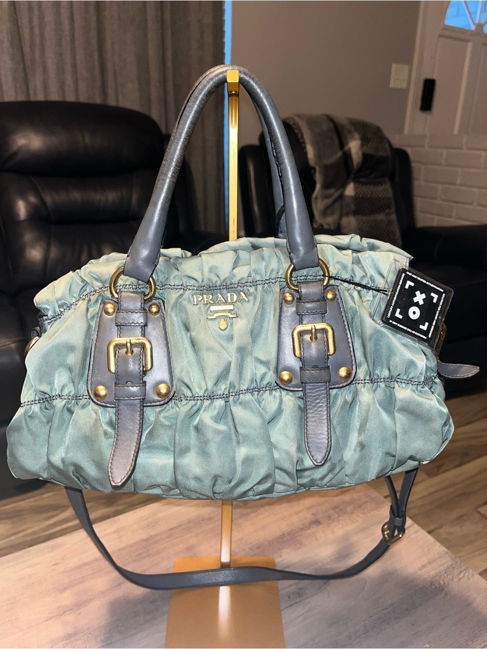 Prada Sage Gathered Nylon Shoulder Bag with Leather and Gold Hardware